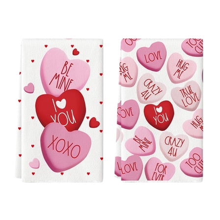 Sm:)e Valentine's Day Kitchen Dish Towels, 18x26 Inch, Set of 2, Be Mine I Love U XOXO Hearts