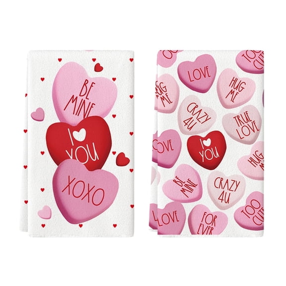 Sm:)e Valentine's Day Kitchen Dish Towels, 18x26 Inch, Set of 2, Be Mine I Love U XOXO Hearts