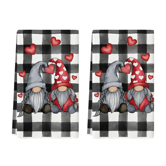 Sm:)e Valentine's Day Kitchen Dish Towels, 18x26 Inch, Set of 2, Buffalo Plaid Gnomes