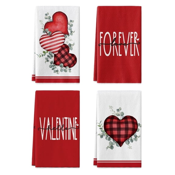 Sm:)e Valentine's Day Kitchen Dish Towels, 18x26 Inch, Set of 4, Buffalo Plaid Love Hearts Forever