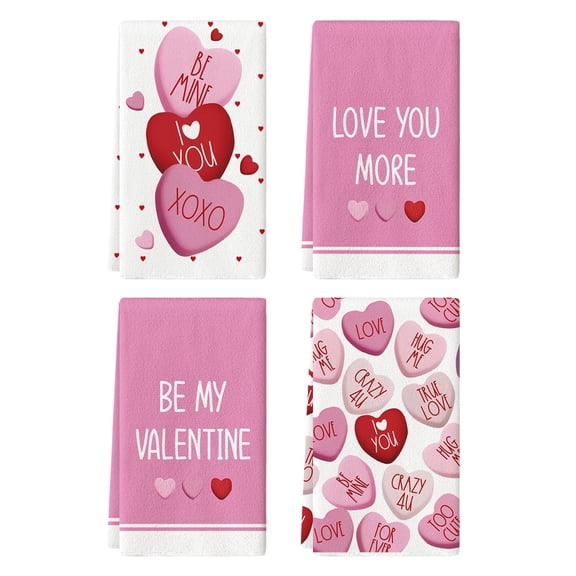 Sm:)e Valentine's Day Kitchen Dish Towels, 18x26 Inch, Set of 4, Hearts XOXO Love you More
