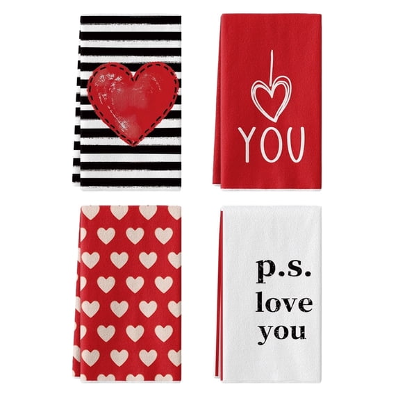Sm:)e Valentine's Day Kitchen Dish Towels, 18x26 Inch, Set of 4, Love Hearts I Love U