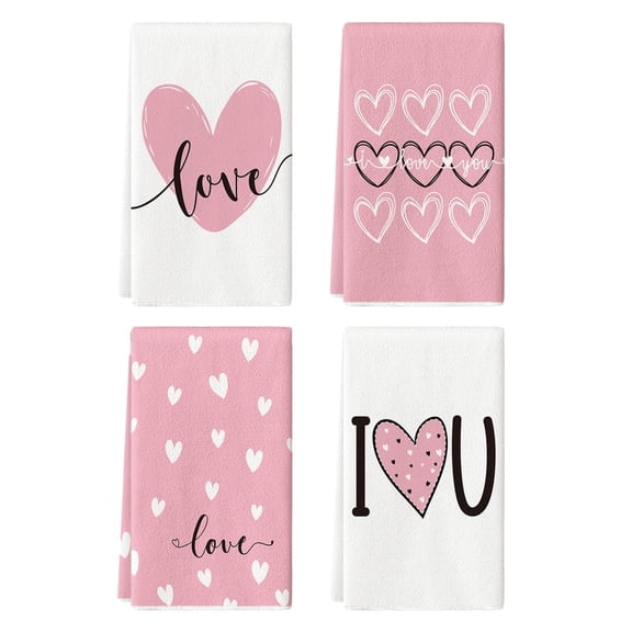 Sm:)e Valentine's Day Kitchen Dish Towels, 18x26 Inch, Set of 4, Pink Heart I Love U