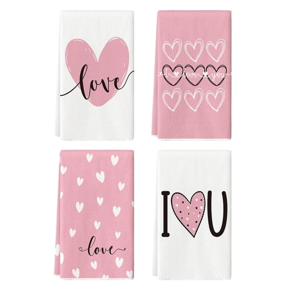 Sm:)e Valentine's Day Kitchen Dish Towels, 18x26 Inch, Set of 4, Pink Heart I Love U