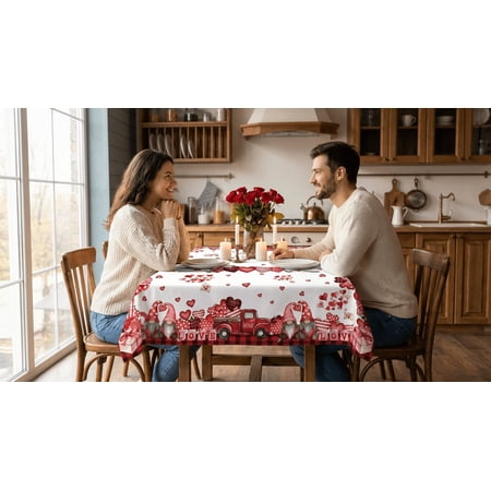 Sm:)e Valentine's Day Tablecloth 60 x 84 Inch Rectangle, Gnome Truck Red Heart Table Cover