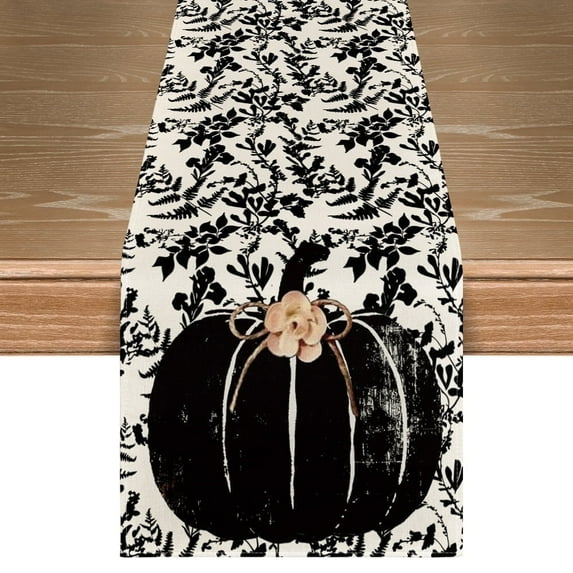Sm:)e Vintage Black Pumpkin Fall Table Runner 13x72 Inch, Kitchen Dining Home Party Decorations