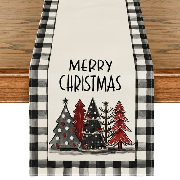 Sm:)e Waterclor Buffalo Plaid Christmas Trees Merry Xmas Table Runner, Seasonal Winter Holiday Kitchen Dining Table Decoration for Indoor Outdoor Home Party Decor 13 x 60 Inch