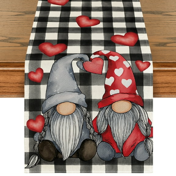 Sm:)e Watercolor Buffalo Plaid Love Heart Gnomes Valentine Table Runner 13 x 72 Inch