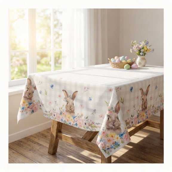 Sm:)e Watercolor Floral Bunny Easter Tablecloth, 60 X 120 Inch Seasonal Rectangle Washable Table Linen Holiday Table Cover for Indoor Outdoor Party Home Dinner Decor