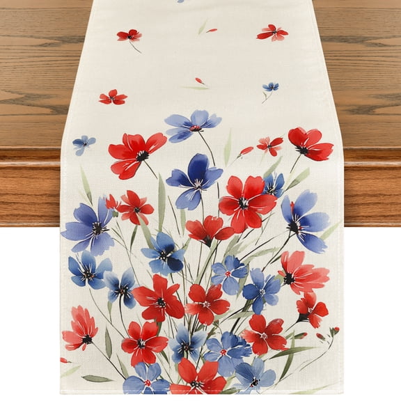 Sm:)e Watercolor Floral Poppy Eucalyptus Summer and 4th of July Table Runner 13 x 72 Inch
