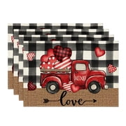 Sme Watercolor Love Hearts Truck Valentine Placemats Buffalo Plaid Set of 4, 12x18 Inch