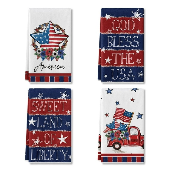 Sm:)e Watercolor Truck God Bless America 4th of July Kitchen Dish Towels 18 x 26 Set of 4