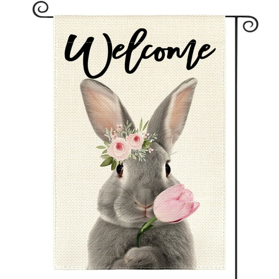 Sm:)e Welcome Bunny Tulip Easter Garden Flag 12 x 18 Inch Double Sided
