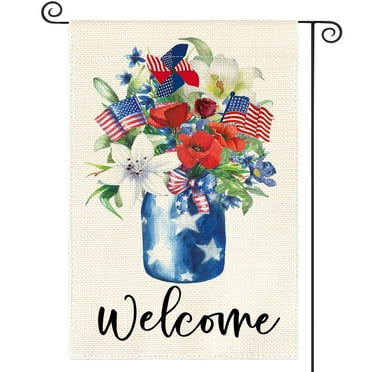 Sm:)e Welcome Corn Poppy Lily USA Flag Floral 4th of July Patriotic Garden Flag 12 x 18 Inch Double Sided