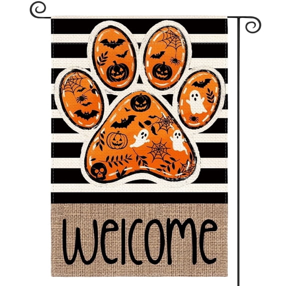 Sm:)e Welcome Dog Paw Ghost Spider Web Bat Halloween Garden Flag 12 x 18 Inch, Double-Sided Printing, Outdoor Welcome Decor for Fall Yards