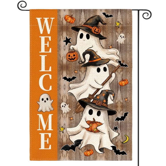 Sm:)e Welcome Ghost Bat Pumpkin Halloween Garden Flag 12 x 18 Inch, Double-Sided Printing, Outdoor Welcome Decor for Yards