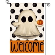 Sm:)e Polka Dot Welcome Ghost Halloween Garden Flag 12 x 18 Inch, Double-Sided Printing, Outdoor Welcome Decor for Yards