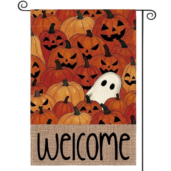 Sm:)e Welcome Ghost Pumpkin Halloween Garden Flag 12 x 18 Inch, Double-Sided Printing, Outdoor Welcome Decor for Yards