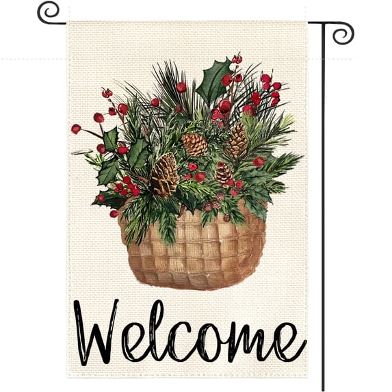 Sm:)e Christmas Garden Flag 12x18 Inch Double Sided Outside, Winter Flags Welcome Holly Red Berries Yard Outdoor Decorative