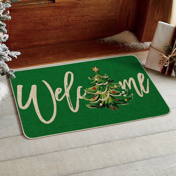 Sm:)e Welcome Pine Tree Christmas Doormat 17x29 Inch, Non Slip Linen Door Mat Inside Washable Entryway Carpet Rug for Porch Patio Hallway, Green