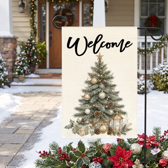 Sm:)e Welcome Pine Tree Christmas Garden Flag 12 x 18 Inch, Double-Sided Printing, Outdoor Welcome Decor for Yards