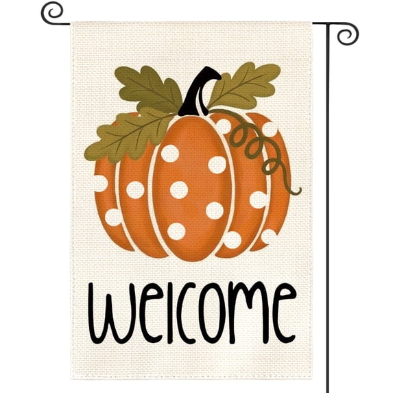 Sm:)e Welcome Polka Dot Pumpkin Fall Garden Flag 12 x 18 Inch, Double-Sided Printing, Seasonal Farmhouse Yard Outdoor Decor