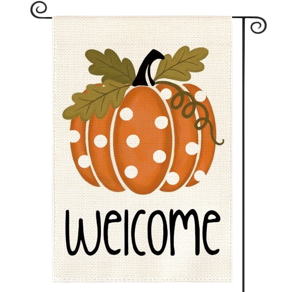 Sm:)e Welcome Polka Dot Pumpkin Fall Garden Flag 12 x 18 Inch, Double-Sided Printing, Seasonal Farmhouse Yard Outdoor Decor