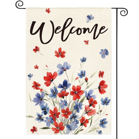 Sm:)e Welcome Red Blue Floral Patriotic Fourth of July Garden Flag 12x18 Inch, Double Sided
