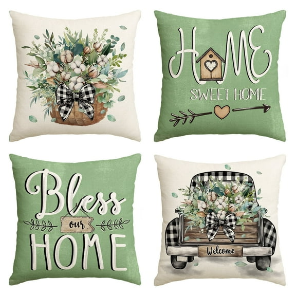 Sm:)e Welcome Truck Bless Our Home Watercolor Flowers Spring Throw Pillow Covers Set of 4,18x18 Inch,Green