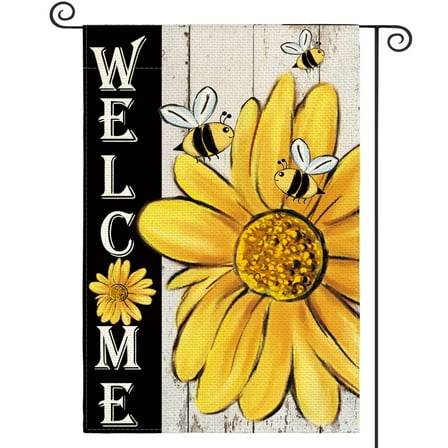Sm:)e Wooden Welcome Watercolor Bee Sunflower Garden Flag for Summer Double Sided 12 x 18 Inch
