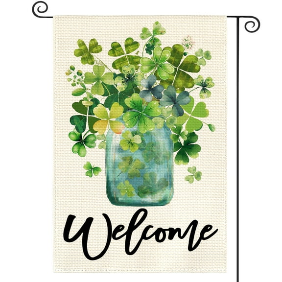 Sm:)e Welcome Watercolor Lucky Clover St.Patrick's Day Garden Flag 12 x 18 Inch