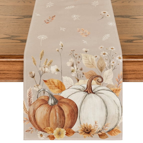 Sm:)e White Flowers and Pumpkin Fall Table Runner 13x72 Inch, Thanksgiving Holiday Dining Room Party Decoration
