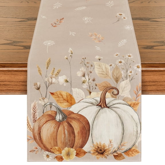 Sm:)e White Flowers and Pumpkin Fall Table Runner 13x72 Inch, Thanksgiving Holiday Dining Room Party Decoration