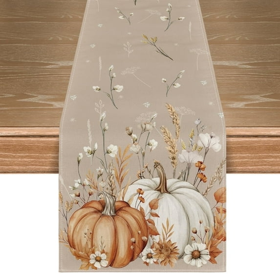 Sm:)e White Flowers and Pumpkin Fall Table Runner 13x72 Inch, Thanksgiving Holiday Dining Room Party Decoration