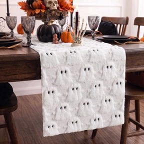 Sm:)e White Ghost Halloween Table Runner 13x72 Inch, Soft Plush Faux Fur Mantel Kitchen Dining Table Decor, Halloween Home Party Decor