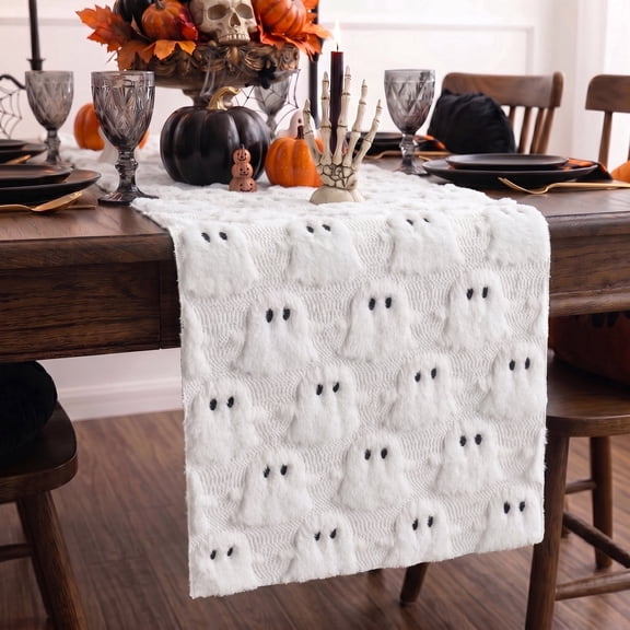 Sm:)e White Ghost Halloween Table Runner 13x72 Inch, Soft Plush Faux Fur Mantel Kitchen Dining Table Decor, Halloween Home Party Decor