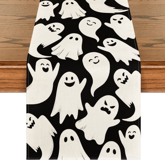 Sm:)e White Ghost Halloween Table Runner, Seasonal Fall Kitchen Dining Table Decoration for Home Party Decor 13x72 Inch, Black