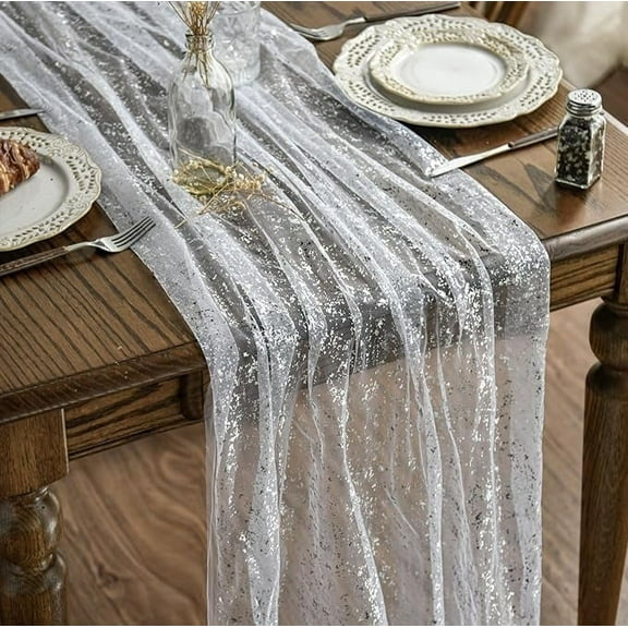 Sm:)e White Silver Silk Screen Stamping Gauze Table Runner 120 Inch 10FT, Glitter Metallic Foil Sheer Chiffon Table Decor for Wedding Anniversary Birthday Outdoor Home Party Table