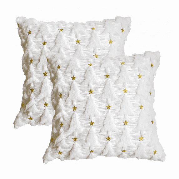 Sm:)e White Star Pine Tree Christmas Pillow Covers 18x18 Inch Set of 2, Faux Fur Soft Cushion Cover for Sofa Winter Home Decor