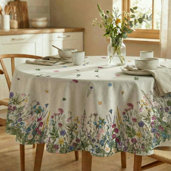 Sm:)e Wild Flowers Floral Spring Summer Tablecloth Round 60 Inch