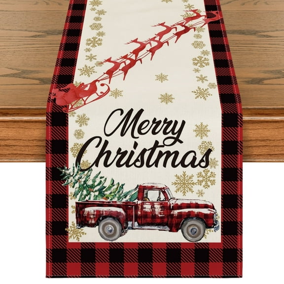 Sm:)e Winter Tree Truck Buffalo Check Plaid Christmas Table Runner 13 x 48 Inch