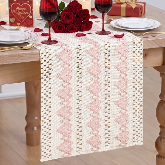Neceotide Table Sm:)e Woven Table Runner with Pink Heart Pattern on Beige Base, 12×90 ...