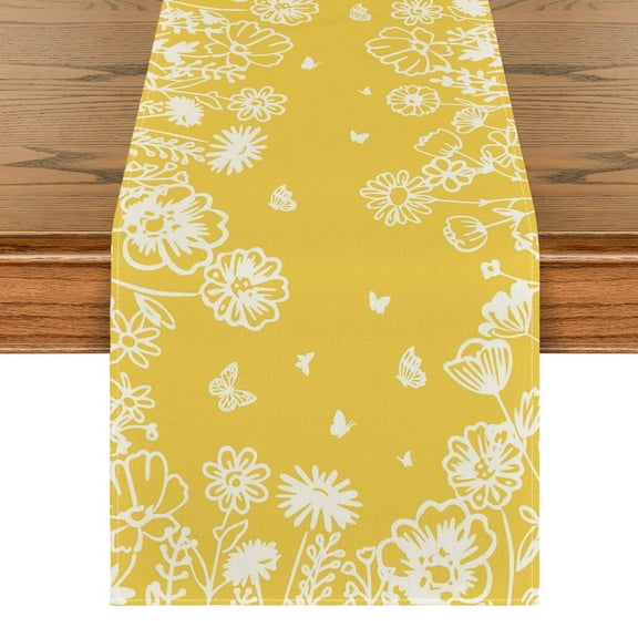 Sm:)e Yellow Bloom Flowers Butterfly Spring Table Runner, Kitchen Dining Table Decoration for Home Party Indoor 13x72 Inch