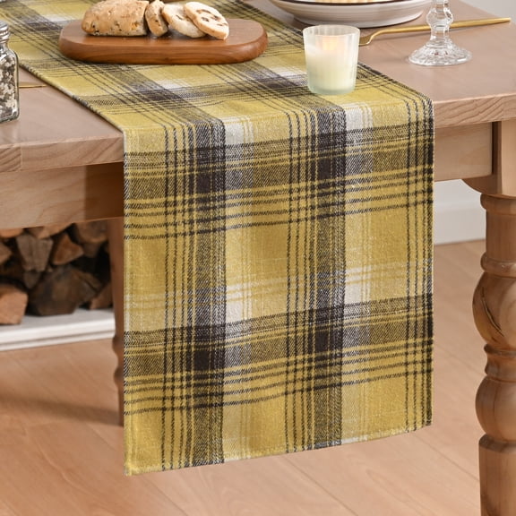 Sm:)e Yellow Brown Farmhouse Plaid Spring Fall Table Runner 13x72 Inch, Fall Rustic Holiday Check Kitchen Dining Table Decor