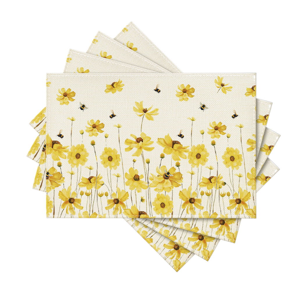 SPXUBZ Placemats, Black and White Buffalo Plaid Sunflower Gnome Little