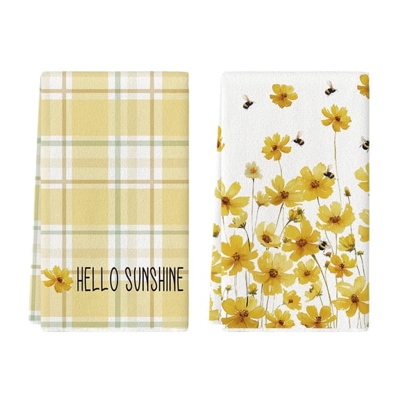 Sm:)e Yellow Flowers Bee Hello Sunshine Spring Kitchen Towels Dish Towels, 18x26 Inch Summer Hand Towels Set of 2