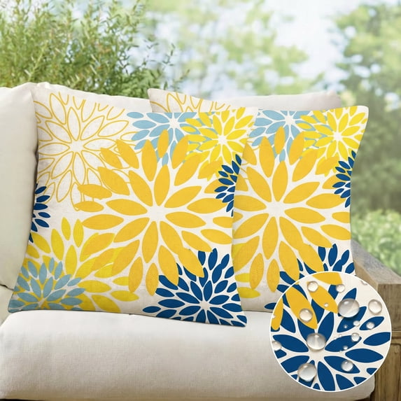 Sm:)e Yellow Blue Waterproof Dahlia Floral Throw Pillow Covers 18x18 Inch Set of 2, Outdoor Farmhouse Decorative Square Cushion Cases for Patio, Living Room, Sofa, Bed