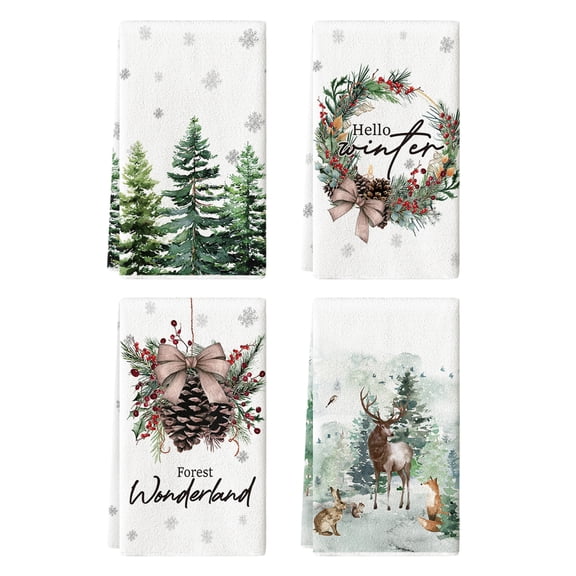 Sm:)eElk Trees Pine Cones Holly Berry Hello Winter Kitchen Towels Dish Towels, 18x26 Inch Bowknot Christmas Decoration Hand Towels Set of 4