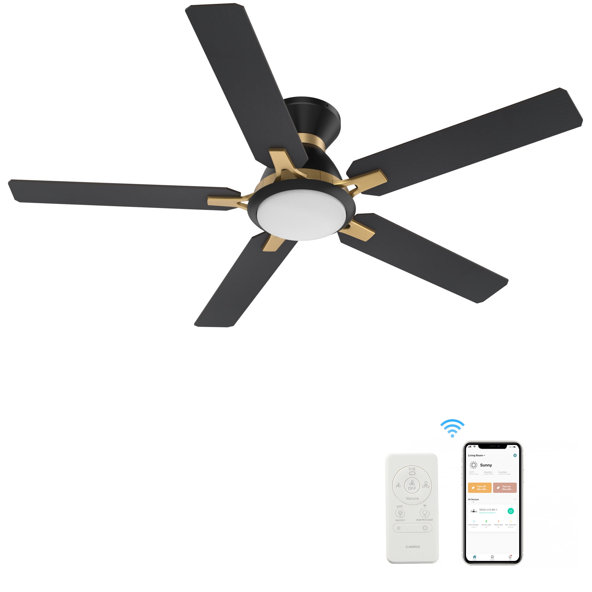 Smaair 52 5-Blade Flush Mount Smart Home Ceiling Fan with Dim LED Light  and Remote - Black/Gold 