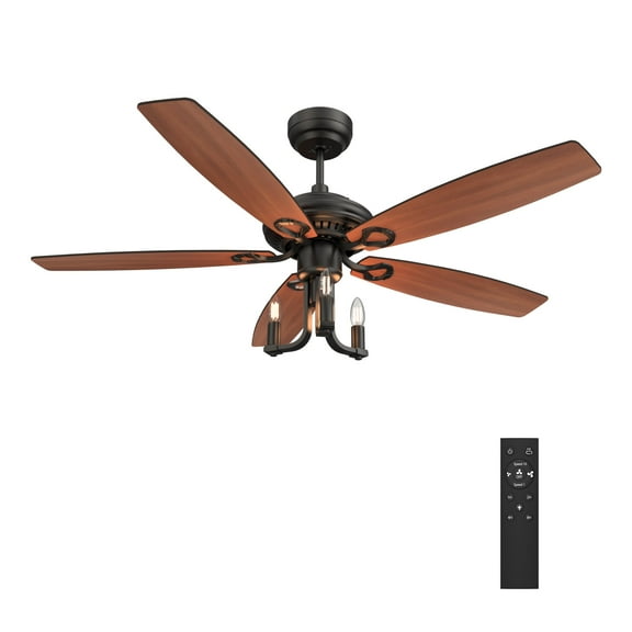 Smaair 52" 5-Blade Vintage Candelabra Ceiling Fan with Light & Remote Control - Black/Brown Wood & Walnut (Reversible Blades)